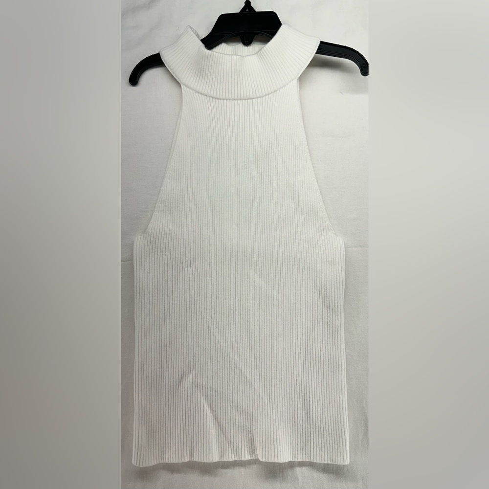 Open Edit Mock Neck Ribbed Tank Top Sleeveless Knit Stretch‎ Cream Ivory XS